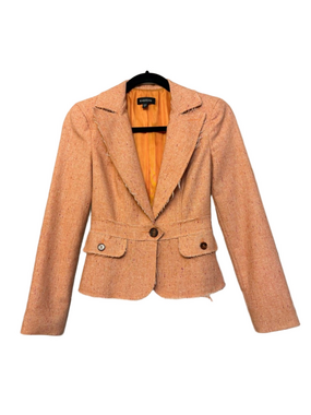 Vintage Coral Peach Tweed Frayed-Edge Wool Blend Blazer
